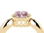 Fancy Pink Oval Cut Diamond Halo Engagement Ring Set in Yellow gold with Plain Split Shank and Prong Setting