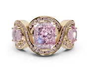Radiant Cut Three Stone Halo Engagement Ring Setting for a Fancy Pink Lab-Grown Diamond | Pavé Wave Band | Yellow Gold