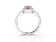 Fancy Pink Emerald Cut Diamond Halo Ring Set in White gold with Delicate Pavé Band and Prong Setting