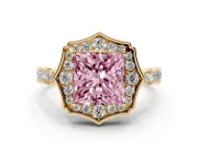 Princess Cut Vintage Scalloped Halo Engagement Ring Setting for a Fancy Pink Lab-Grown Diamond | Pave Band | Yellow Gold