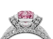 Fancy Pink Cushion Cut Diamond Milgrain Halo Pavé Engagement Ring Set in Platinum with Prong Setting