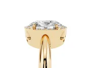Oval Cut Diamond Halo Engagement Ring Set in Yellow gold with Plain Split Shank and Prong Setting