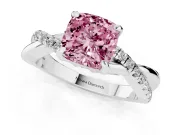 Fancy Pink Cushion Cut Diamond Twist Band Solitaire Set in White gold with Pavé Accents and Prong Setting