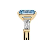 Fancy Blue Emerald Cut Diamond Solitaire Ring Set in Yellow gold with Tapered Baguette Side Stones and Prong Setting