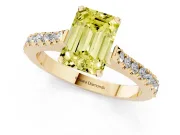 Fancy Yellow Emerald Cut Diamond Solitaire Engagement Ring Set in Yellow gold with Delicate Pavé Band and Prong Setting