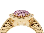 Heart-Shaped Milgrain Halo Engagement Ring Setting for a Fancy Pink Lab-Grown Diamond | Carved Leaf Detail | Yellow Gold