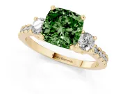Fancy Green Three-Stone Cushion Cut Diamond Pavé Band Ring Set in Yellow gold with Prong Setting