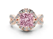 Fancy Pink Princess Cut Diamond Solitaire Twist Band Pavé Engagement Ring Set in Rose gold