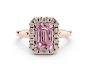 Fancy Pink Emerald Cut Halo Round Diamond Solitaire Ring Set in Rose gold with Pavé Band and Prong Setting