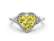 Fancy Yellow Heart Cut Diamond Milgrain Solitaire Ring Set in White gold with Tapered Pavé Band and Prong Setting