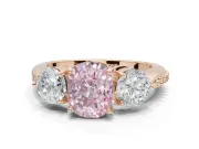 Cushion Cut Three Stone Engagement Ring Setting for a Fancy Pink Lab-Grown Diamond | Tapered Pave Band | Rose Gold