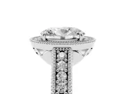 Oval Cut Diamond Halo Ring Set in Platinum with Round Accent Halo, Pavé Band and Prong Setting