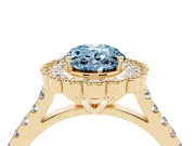 Fancy Blue Oval Cut Diamond Milgrain Floral Halo Engagement Ring Set in Yellow gold with Pavé Band