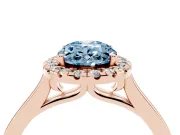 Fancy Blue Oval Cut Halo Round Diamond Solitaire Ring Set in Rose gold with Pavé Band and Prong Setting
