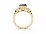Fancy Black Three-Stone Heart Cut Diamond Ring Set in Yellow gold with Pear Side Stones and Prong Setting