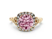 Round Halo Engagement Ring Setting for a Fancy Pink Lab-Grown Diamond | Leaf Shoulders | Yellow Gold