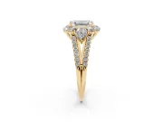 Emerald Cut Diamond Halo Split Shank Engagement Ring Set in Yellow gold with Prong-Held Center Stone