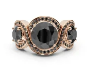 Round Three Stone Halo Engagement Ring Setting for a Black Center | Pavé Wave Band | Rose Gold