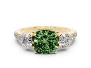 Fancy Green Cushion Cut Diamond Three-Stone Ring Set in Yellow gold with Round Side Stones and Delicate Pavé Band