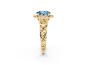 Fancy Blue Oval Cut Diamond Halo Ring Set in Yellow gold with Scrollwork Band and Prong Setting