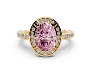 Fancy Pink Oval Cut Diamond Halo Pavé Split Shank Ring Set in Yellow gold with Prong Setting