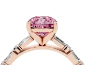 Fancy Pink Cushion Cut Diamond Solitaire Set in Rose gold with Side Baguettes and Channel Set Band