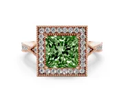 Fancy Green Princess Cut Diamond Halo Engagement Ring Set in Rose gold with Milgrain Pavé Band
