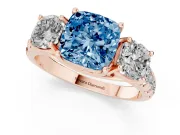 Cushion Cut Three Stone Engagement Ring Setting for a Fancy Blue Lab-Grown Diamond | Accented Shoulders | Rose Gold