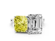 Fancy Yellow Radiant Cut and Emerald Cut Toi Moi Ring Set in Silver with Prong Setting