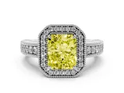 Fancy Yellow Radiant Cut Diamond Halo Ring Set in Silver with Round Accent Halo, Pavé Band and Prong Setting