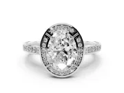 Oval Cut Diamond Halo Pavé Split Shank Ring Set in Silver with Prong Setting