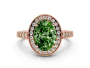 Fancy Green Oval Cut Diamond Milgrain Halo Solitaire Ring Set in Rose gold with Bezel Set Side Stones and Pavé Band