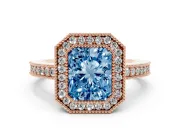 Fancy Blue Radiant Cut Diamond Halo Engagement Ring Set in Rose gold with Pavé Band and Round Halo Stones