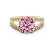 Fancy Pink Round Cut Diamond Split Shank Ring Set in Yellow gold with Pavé Band and Prong Setting