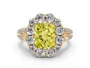 Fancy Yellow Radiant Cut Diamond Halo Engagement Ring Set in Yellow gold with Split Shank and Prong Setting