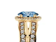 Fancy Blue Oval Cut Diamond Halo Ring Set in Yellow gold with Double Pavé Split Shank