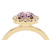 Fancy Pink Oval Cut Diamond Halo Solitaire Ring Set in Yellow gold with Pavé Band and Prong Setting