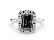 Fancy Black Emerald Cut Halo Round Diamond Solitaire Ring Set in Silver with Pavé Band and Prong Setting