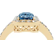 Fancy Blue Emerald Cut Diamond Halo Ring Set in Yellow gold with Pavé-Setting Band and Open Prong Center