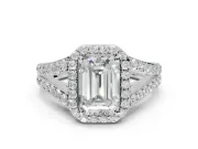 Emerald Cut Halo Pavé Engagement Ring Setting | Narrow Split Shank | Platinum