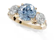 Round Three Stone Engagement Ring Setting for a Fancy Blue Lab-Grown Diamond | Tapered Pave Band | Yellow Gold