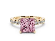 Princess Cut Pavé Solitaire Engagement Ring Setting for a Fancy Pink Lab-Grown Diamond | Shared Prong Band | Yellow Gold