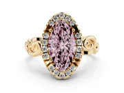 Fancy Pink Marquise Cut Diamond Halo Ring Set in Yellow gold with Scrollwork Band and Prong Setting