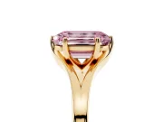 Fancy Pink Emerald Cut Diamond Solitaire Ring Set in Yellow gold with Polished Tapered Band and Prong Setting