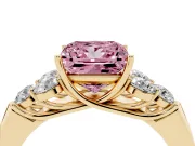 Fancy Pink Princess Cut Diamond Cluster Ring Set in Yellow gold with Round Accent Stones and Prong Setting on a Plain Band