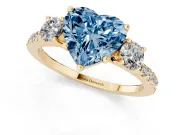 Fancy Blue Heart Cut Diamond Three-Stone Ring Set in Yellow gold with Pavé Band and Graduated Sides
