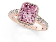 Fancy Pink Radiant Cut Diamond Halo Engagement Ring Set in Rose gold with Pavé Band and Prong Setting