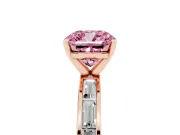 Fancy Pink Cushion Cut Diamond Solitaire Ring Set in Rose gold with Channel-Set Baguette Band and Prong Setting