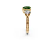 Fancy Green Heart Cut Diamond Three-Stone Ring Set in Yellow gold with Milgrain Band