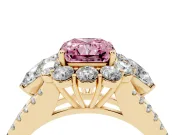 Fancy Pink Radiant Cut Diamond Halo Split Shank Engagement Ring Set in Yellow gold with Prong-Held Center Stone